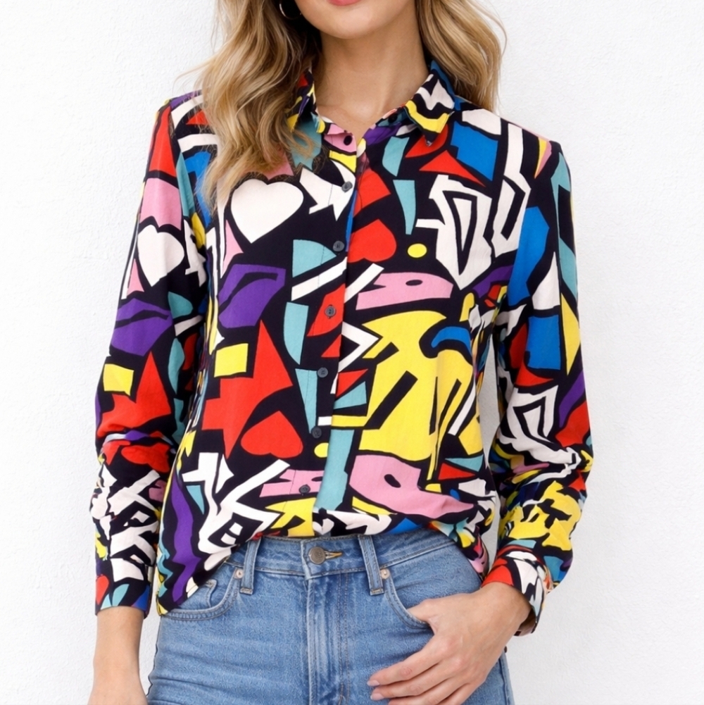Big Dart Abstract Print Button Front Blouse Women’s Fits Like Large Wearable Art